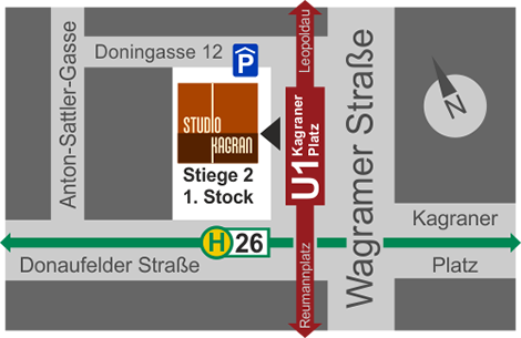 So kommen Sie in mein Kosmetik-Studio, im Studio-Kagran, direkt neben der U1-Station "Kagraner Platz"